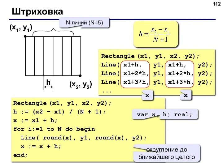 Штриховка (x1, y1) (x2, y2) N линий (N=5) h Rectangle (x1,