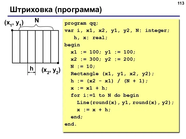 Штриховка (программа) (x1, y1) (x2, y2) h program qq; var i,