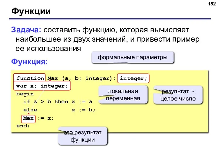 Функции Задача: составить функцию, которая вычисляет наибольшее из двух значений, и