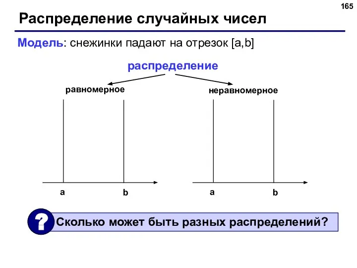 Распределение случайных чисел Модель: снежинки падают на отрезок [a,b] распределение равномерное неравномерное