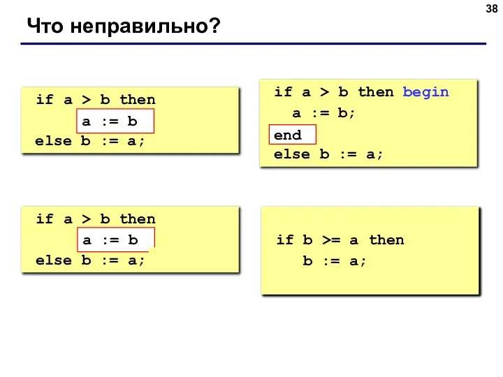 Что неправильно? if a > b then begin a := b;