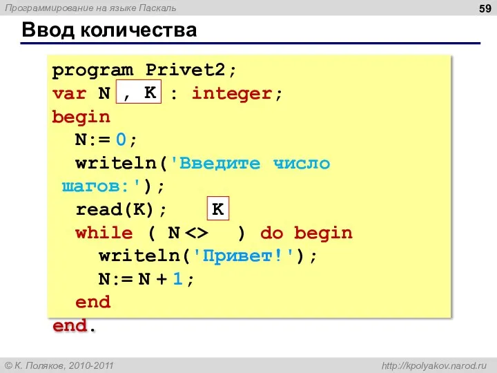 Ввод количества program Privet2; var N : integer; begin N:= 0;