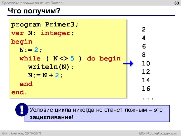 program Primer3; var N: integer; begin N:= 2; while ( N