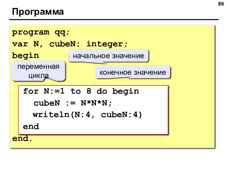 Программа program qq; var N, cubeN: integer; begin for N:=1 to