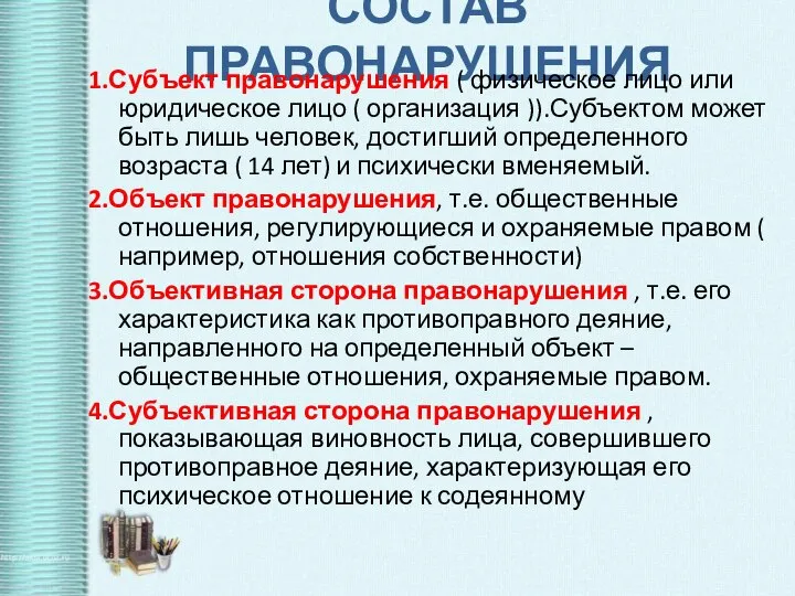 СОСТАВ ПРАВОНАРУШЕНИЯ 1.Субъект правонарушения ( физическое лицо или юридическое лицо (