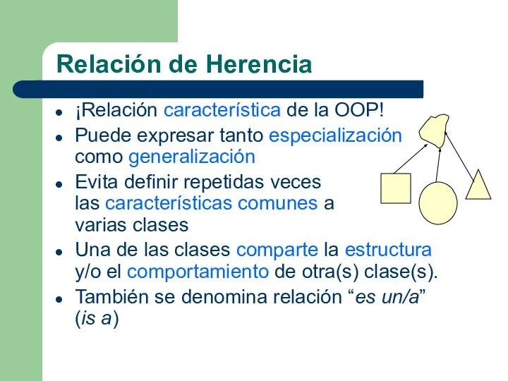 Relación de Herencia ¡Relación característica de la OOP! Puede expresar tanto