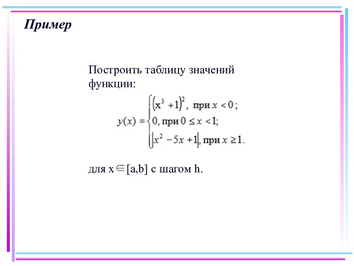 Пример Построить таблицу значений функции: для х∈[a,b] с шагом h.