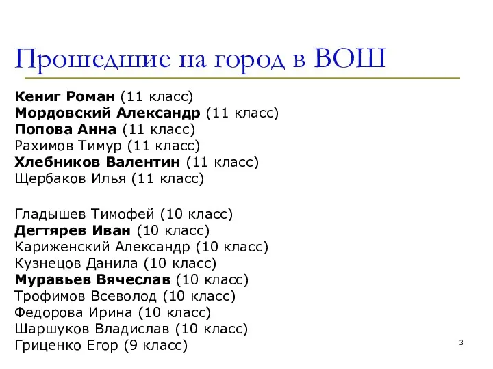 Прошедшие на город в ВОШ Кениг Роман (11 класс) Мордовский Александр