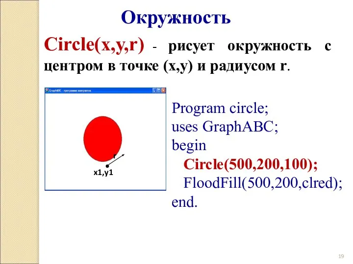 Circle(x,y,r) - рисует окружность с центром в точке (x,y) и радиусом