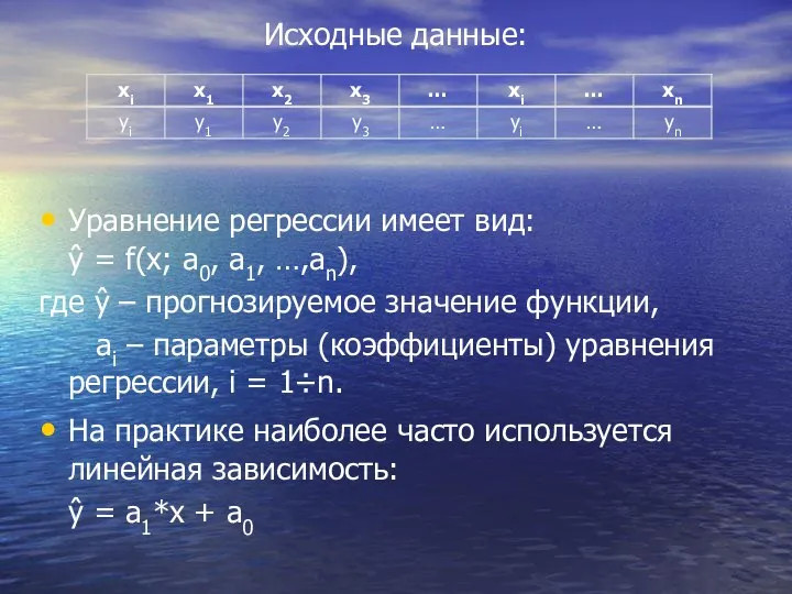 Исходные данные: Уравнение регрессии имеет вид: ŷ = f(x; a0, a1,