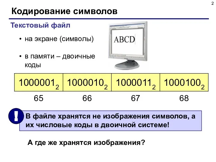 Кодирование символов Текстовый файл на экране (символы) в памяти – двоичные