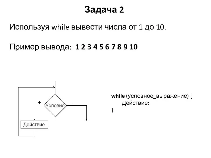 Задача 2 Используя while вывести числа от 1 до 10. Пример