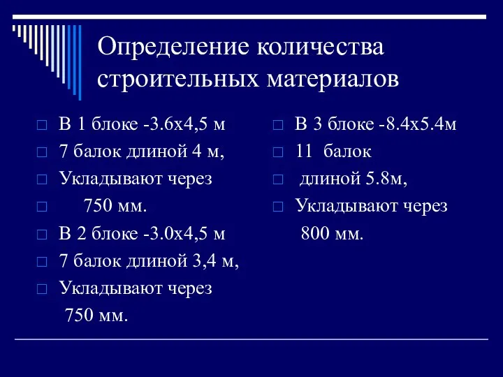 Определение количества строительных материалов В 1 блоке -3.6х4,5 м 7 балок