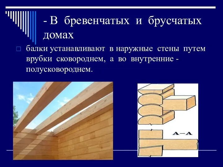 - В бревенчатых и брусчатых домах балки устанавливают в наружные стены