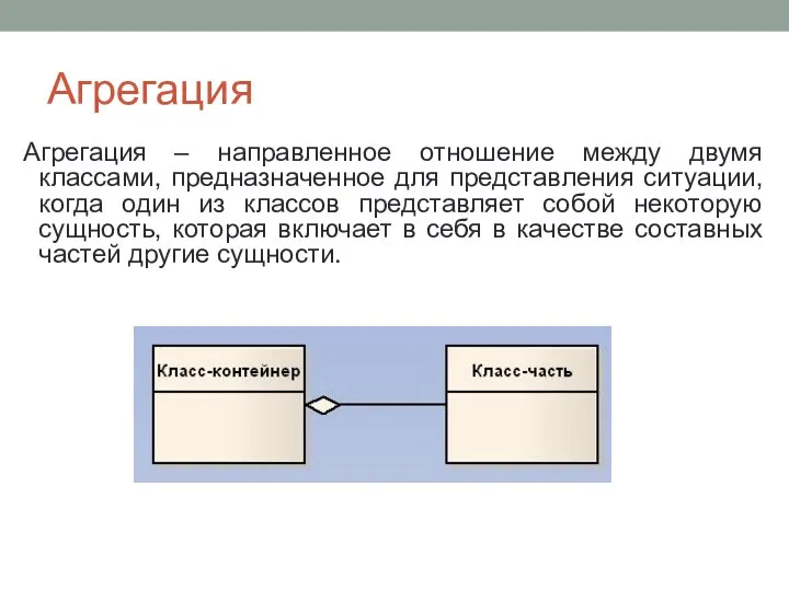 Агрегация Агрегация – направленное отношение между двумя классами, предназначенное для представления