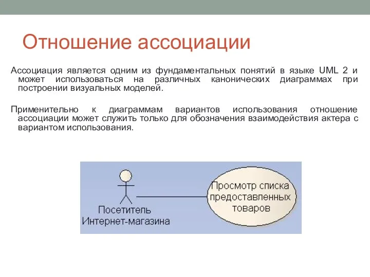 Отношение ассоциации Ассоциация является одним из фундаментальных понятий в языке UML