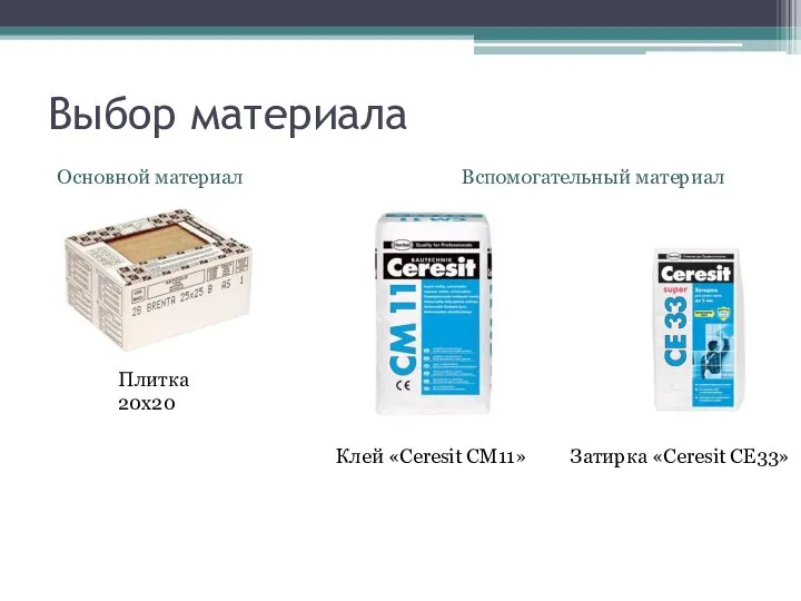 Выбор материала Плитка 20x20 Клей «Ceresit CM11» Затирка «Ceresit CE33» Основной материал Вспомогательный материал