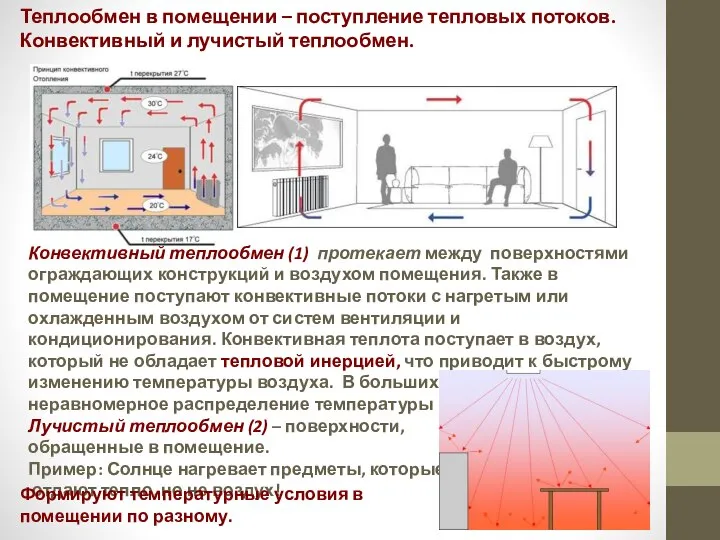 Теплообмен в помещении – поступление тепловых потоков. Конвективный и лучистый теплообмен.