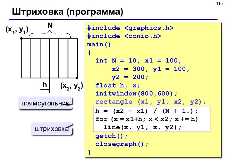 Штриховка (программа) (x1, y1) (x2, y2) h #include #include main() {