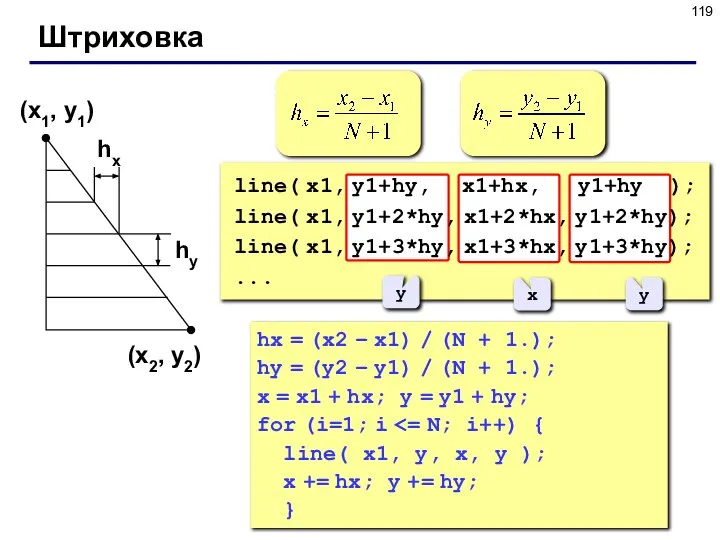 Штриховка (x1, y1) (x2, y2) hx hy y x y line(