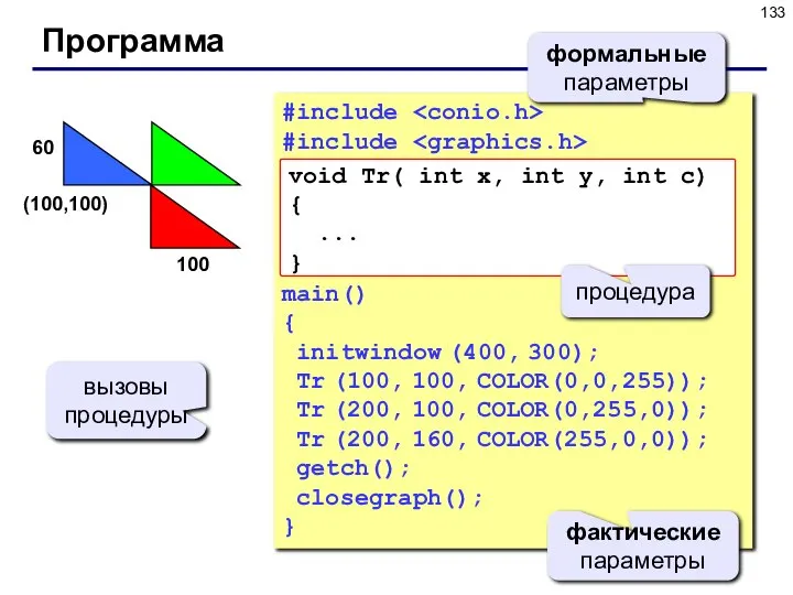 Программа #include #include main() { initwindow (400, 300); Tr (100, 100,