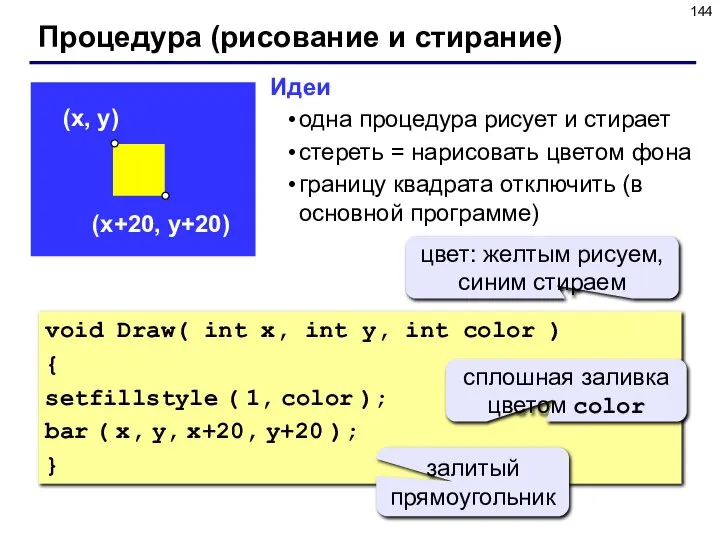 Процедура (рисование и стирание) void Draw( int x, int y, int