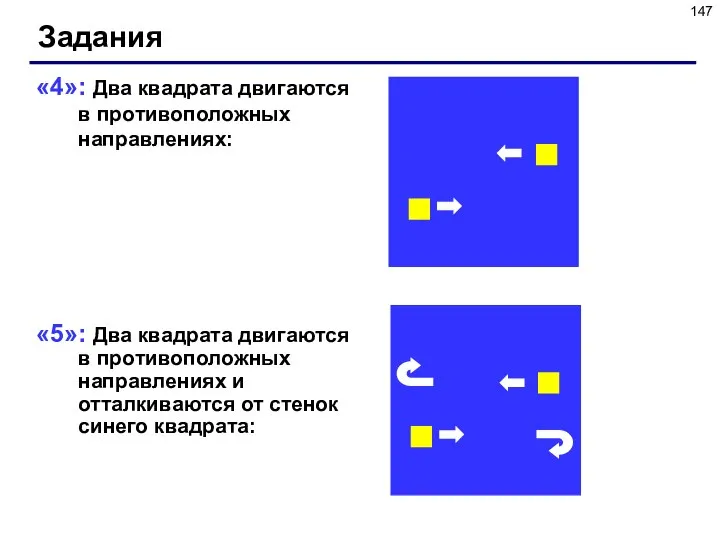 «4»: Два квадрата двигаются в противоположных направлениях: «5»: Два квадрата двигаются