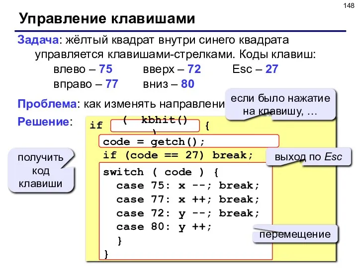 Управление клавишами Задача: жёлтый квадрат внутри синего квадрата управляется клавишами-стрелками. Коды