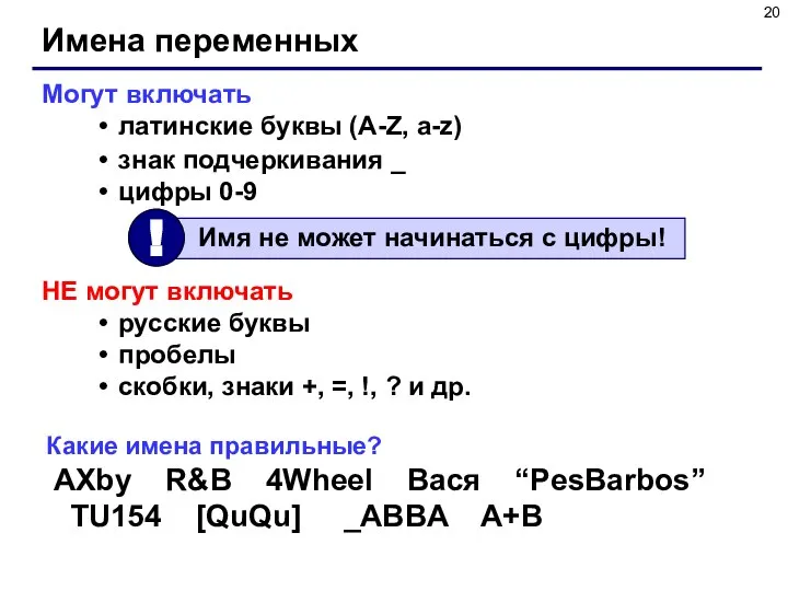 Имена переменных Могут включать латинские буквы (A-Z, a-z) знак подчеркивания _