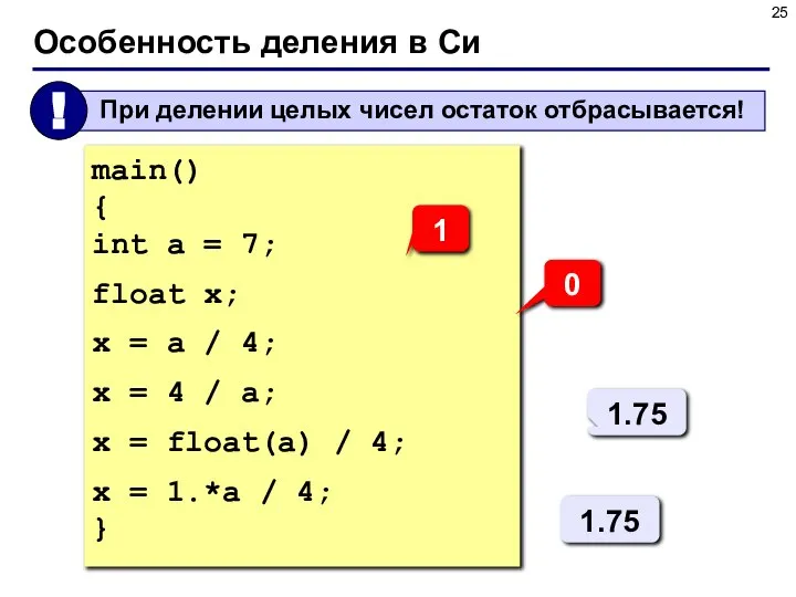 Особенность деления в Си main() { int a = 7; float