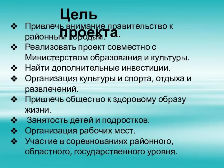 Цель проекта. Привлечь внимание правительство к районным городам. Реализовать проект совместно