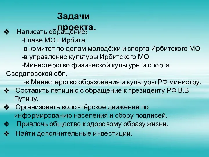 Задачи проекта. Написать обращение: -Главе МО г.Ирбита -в комитет по делам