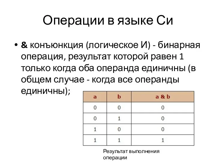 Операции в языке Си & конъюнкция (логическое И) - бинарная операция,