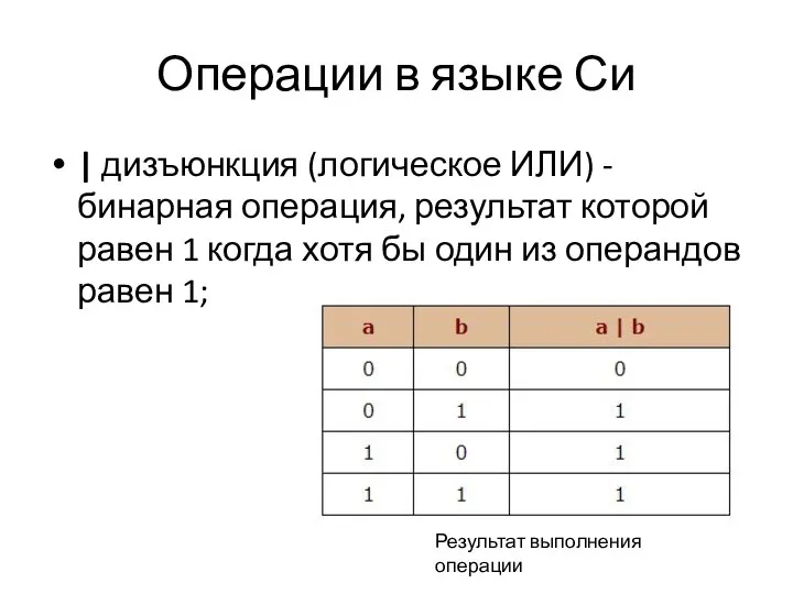 Операции в языке Си | дизъюнкция (логическое ИЛИ) - бинарная операция,