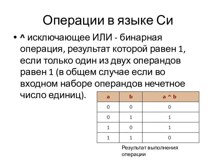 Операции в языке Си ^ исключающее ИЛИ - бинарная операция, результат