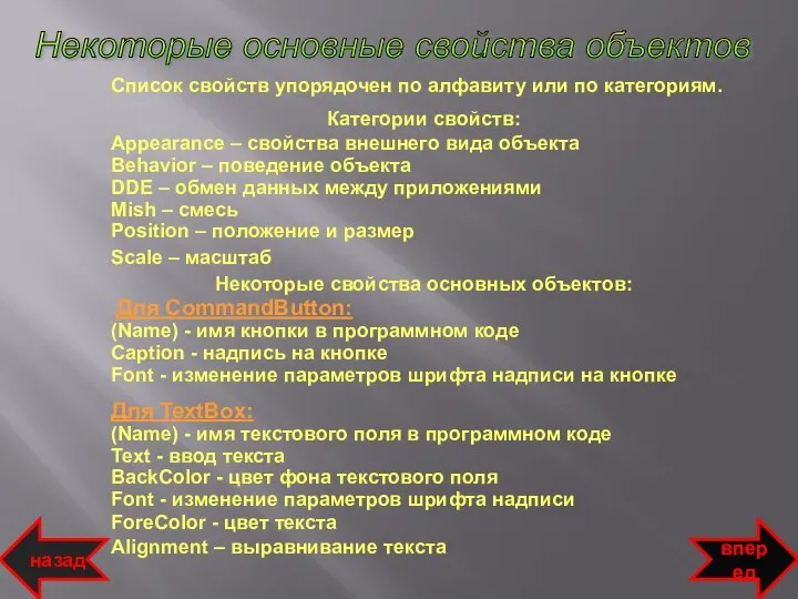 Список свойств упорядочен по алфавиту или по категориям. Категории свойств: Appearance