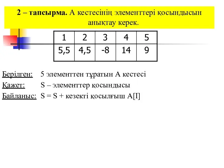 2 – тапсырма. А кестесінің элементтері қосындысын анықтау керек. Берілген: 5