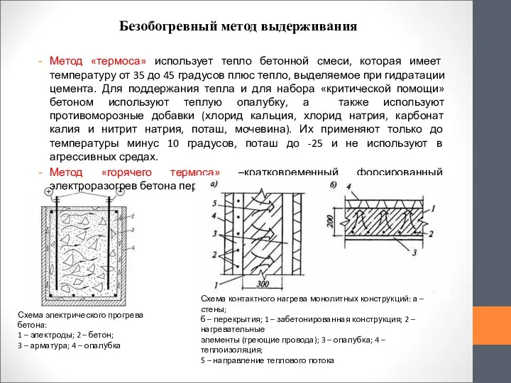 Безобогревный метод выдерживания Метод «термоса» использует тепло бетонной смеси, которая имеет