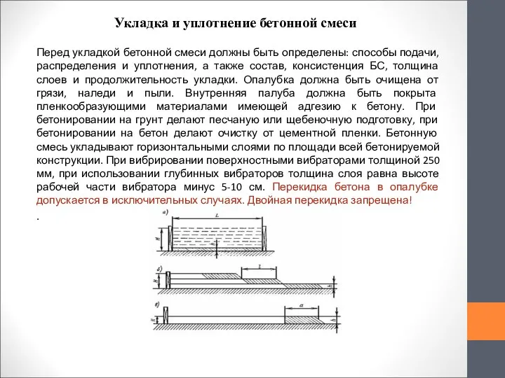 Укладка и уплотнение бетонной смеси Перед укладкой бетонной смеси должны быть