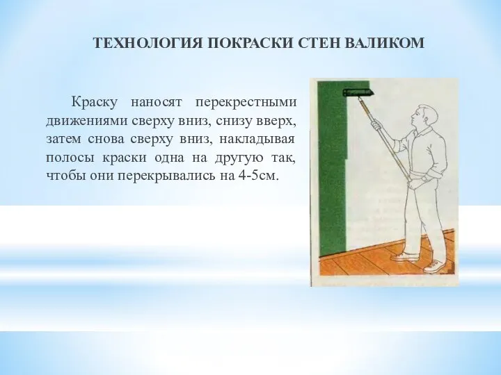 ТЕХНОЛОГИЯ ПОКРАСКИ СТЕН ВАЛИКОМ Краску наносят перекрестными движениями сверху вниз, снизу