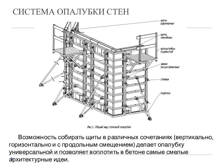 СИСТЕМА ОПАЛУБКИ СТЕН Возможность собирать щиты в различных сочетаниях (вертикально, горизонтально