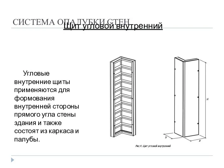 СИСТЕМА ОПАЛУБКИ СТЕН Щит угловой внутренний Угловые внутренние щиты применяются для