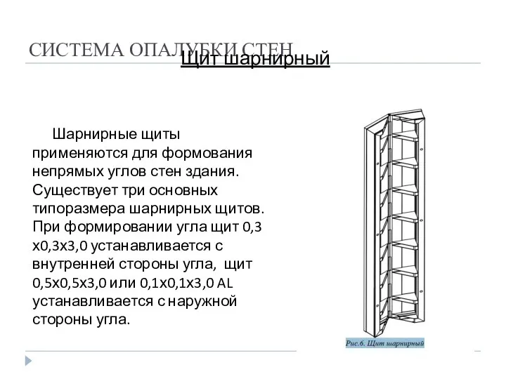 СИСТЕМА ОПАЛУБКИ СТЕН Щит шарнирный Шарнирные щиты применяются для формования непрямых