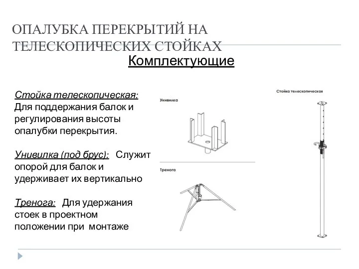 ОПАЛУБКА ПЕРЕКРЫТИЙ НА ТЕЛЕСКОПИЧЕСКИХ СТОЙКАХ Комплектующие Стойка телескопическая: Для поддержания балок