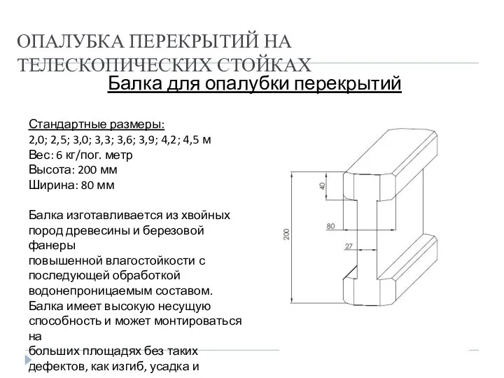 ОПАЛУБКА ПЕРЕКРЫТИЙ НА ТЕЛЕСКОПИЧЕСКИХ СТОЙКАХ Балка для опалубки перекрытий Стандартные размеры: