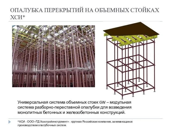 ОПАЛУБКА ПЕРЕКРЫТИЙ НА ОБЪЕМНЫХ СТОЙКАХ ХСИ* Универсальная система объемных стоек GW