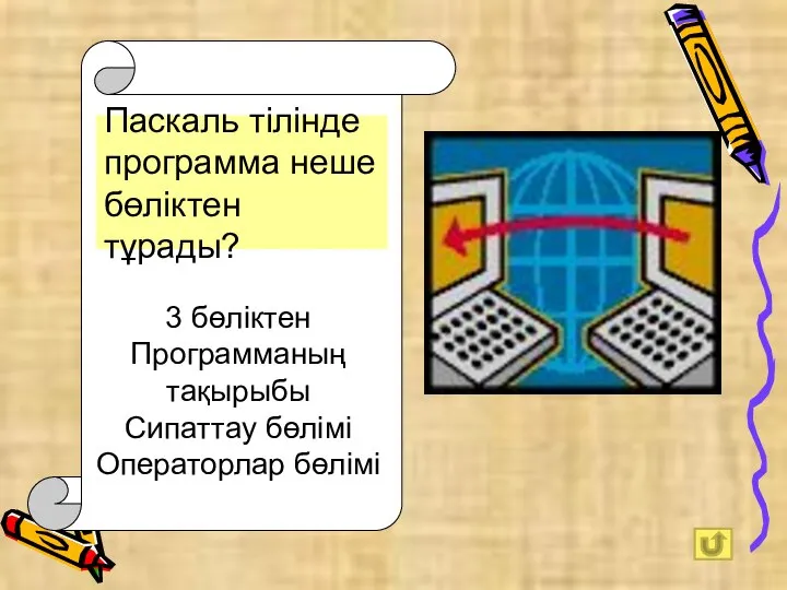 Паскаль тілінде программа неше бөліктен тұрады? 3 бөліктен Программаның тақырыбы Сипаттау бөлімі Операторлар бөлімі