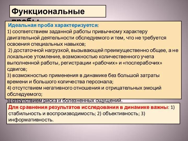 Функциональные пробы Идеальная проба характеризуется: 1) соответствием заданной работы привычному характеру