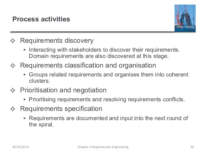Process activities Requirements discovery Interacting with stakeholders to discover their requirements.