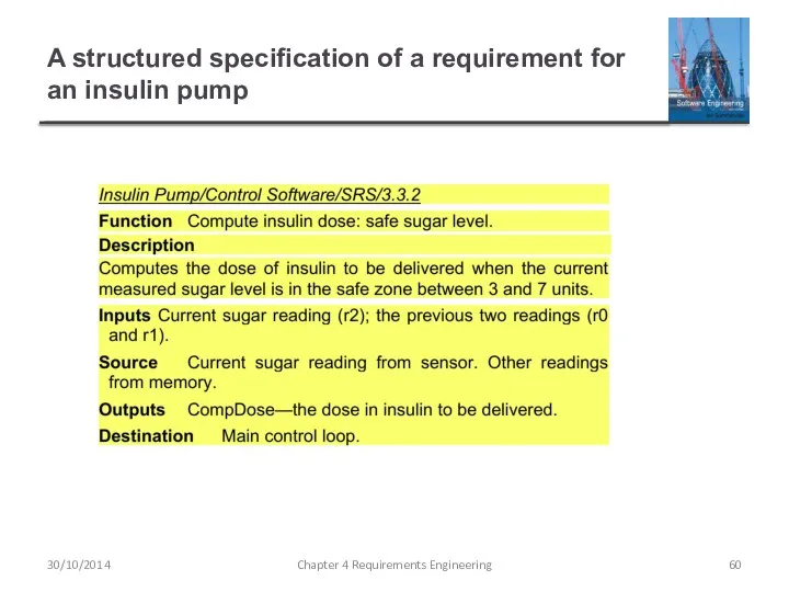 A structured specification of a requirement for an insulin pump Chapter 4 Requirements Engineering 30/10/2014